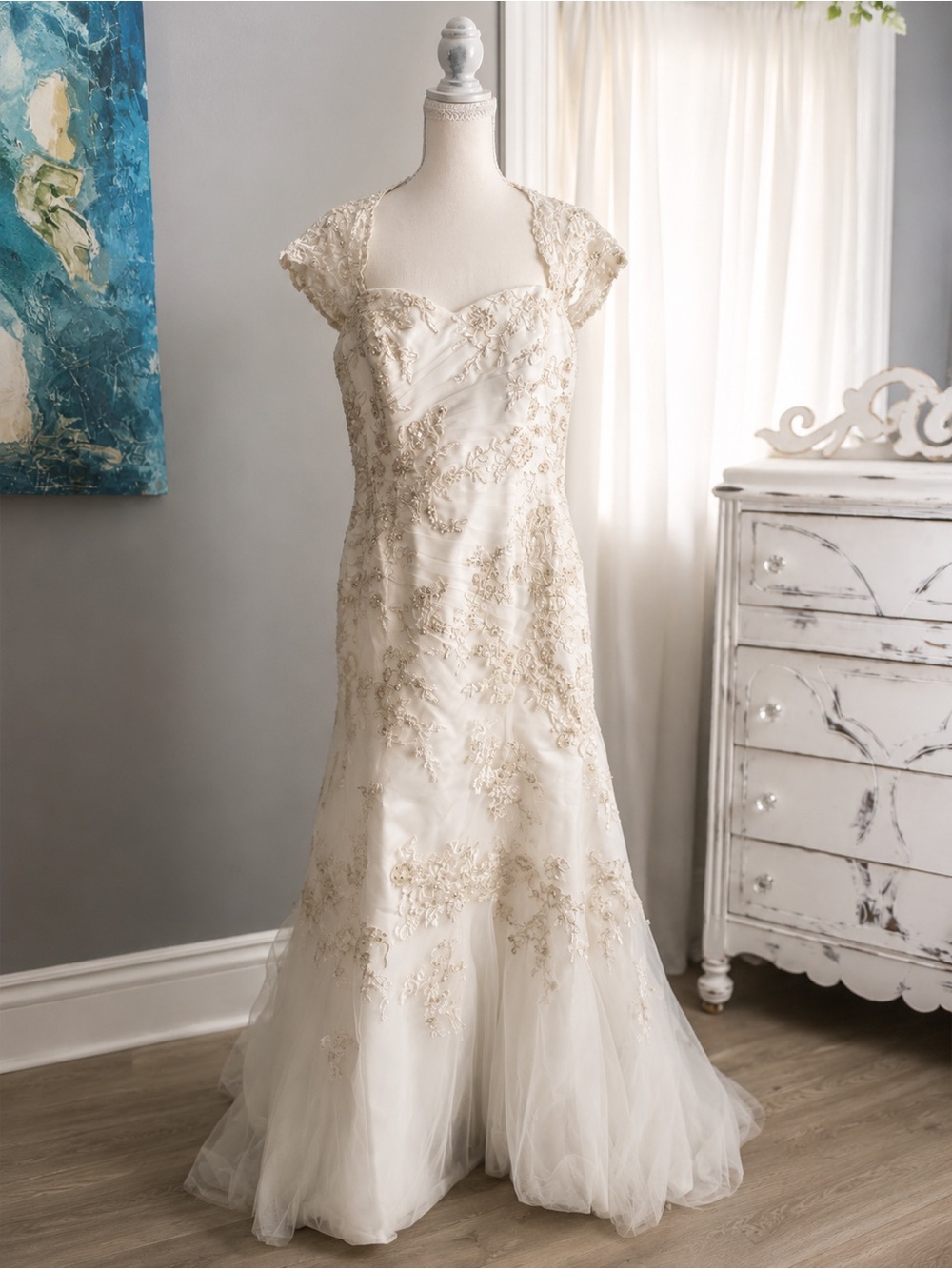 David’s Bridal WG3640 Wedding Dress Size 14 Ivory Gold Lace Cap Sleeve Gown